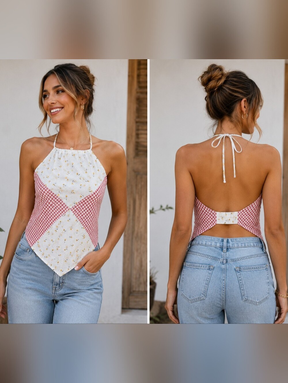 Worth Patchwork Gingham Floral Boho Festival Upcycled Handkerchief Halter Top XL